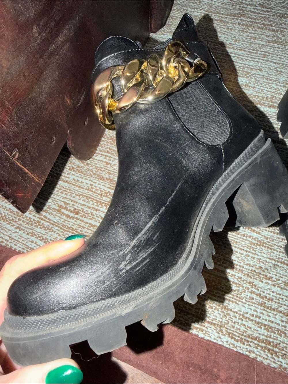 Cape Robbin Black Ankle Boots with Gold Chain Trim